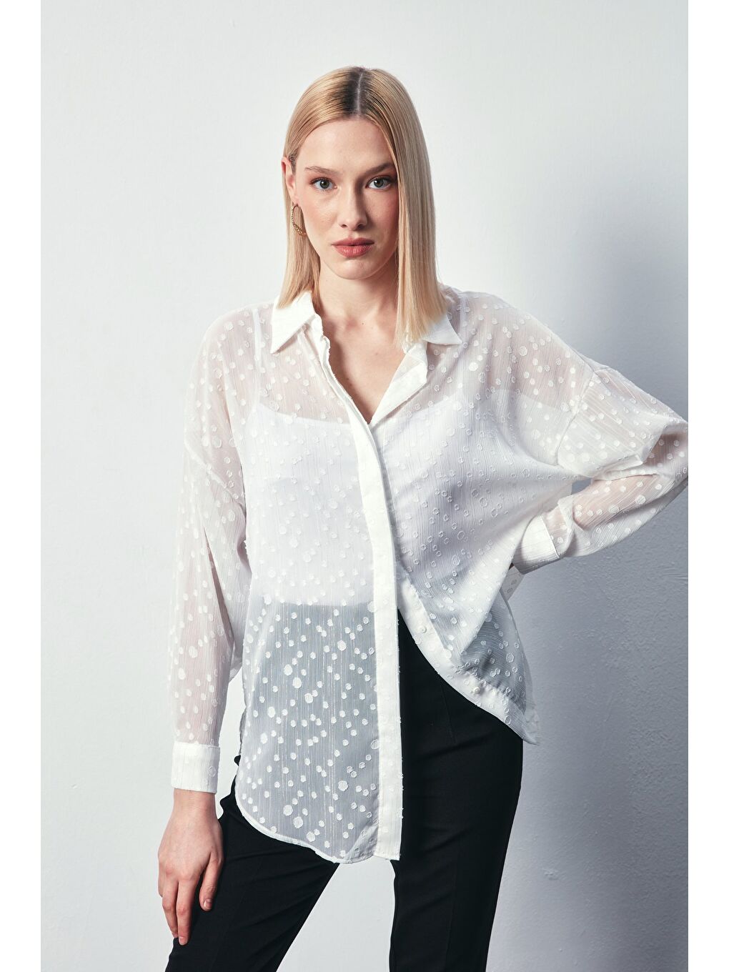 Desenli Uzun Gömlek - Ekru-2