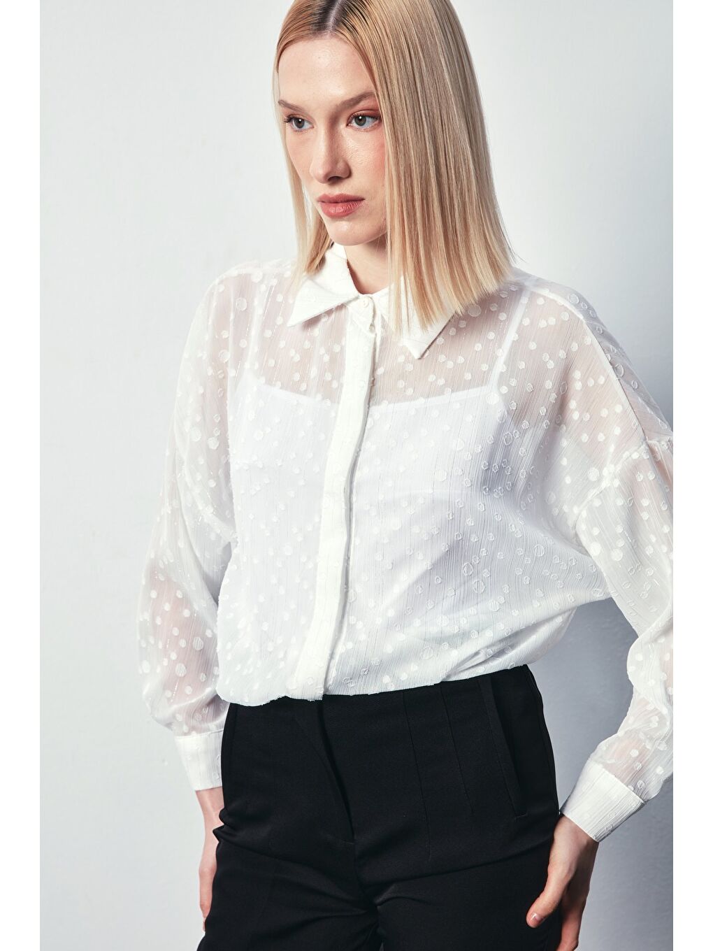 Desenli Uzun Gömlek - Ekru-3