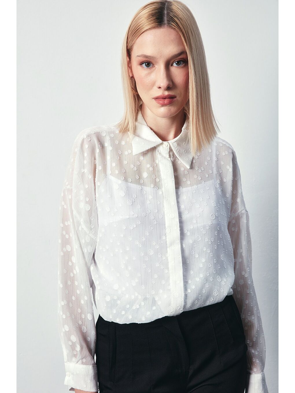 Desenli Uzun Gömlek - Ekru-4