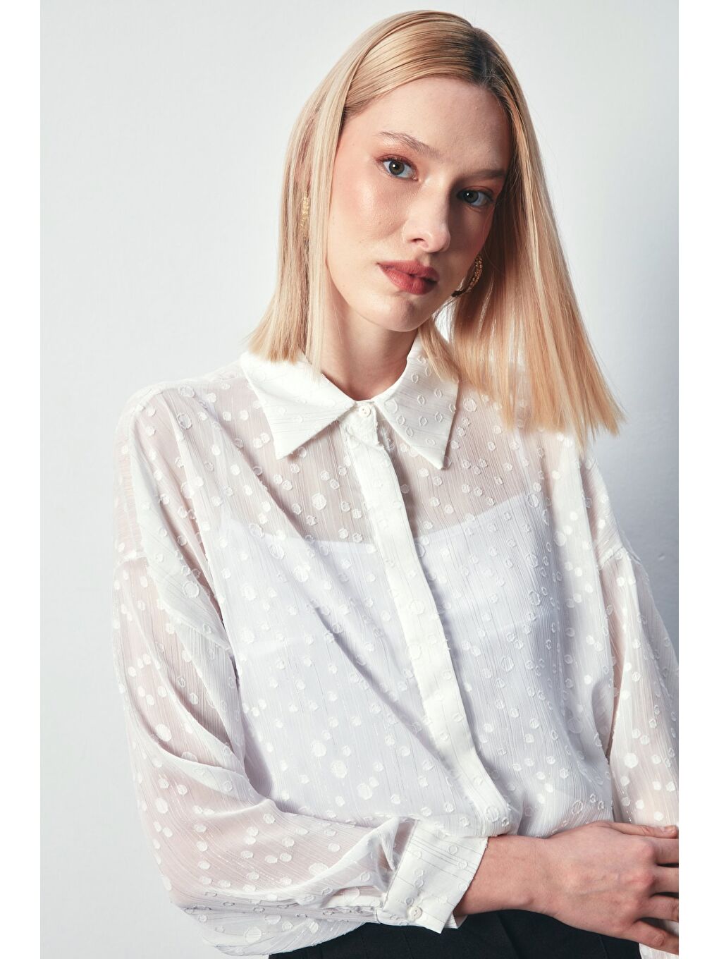 Desenli Uzun Gömlek - Ekru-5