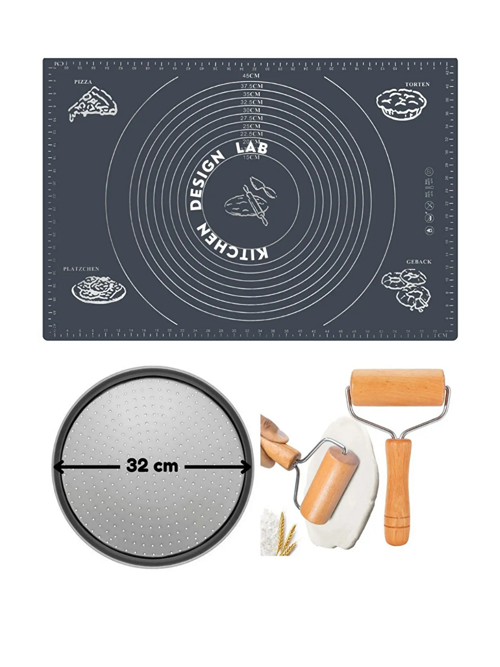 Gri Silikon Hamur Açma Matı 45 X 65 Cm, 32 Cm Pizza Tepsisi Ve Ahşap Saplı Hamur Açıcı