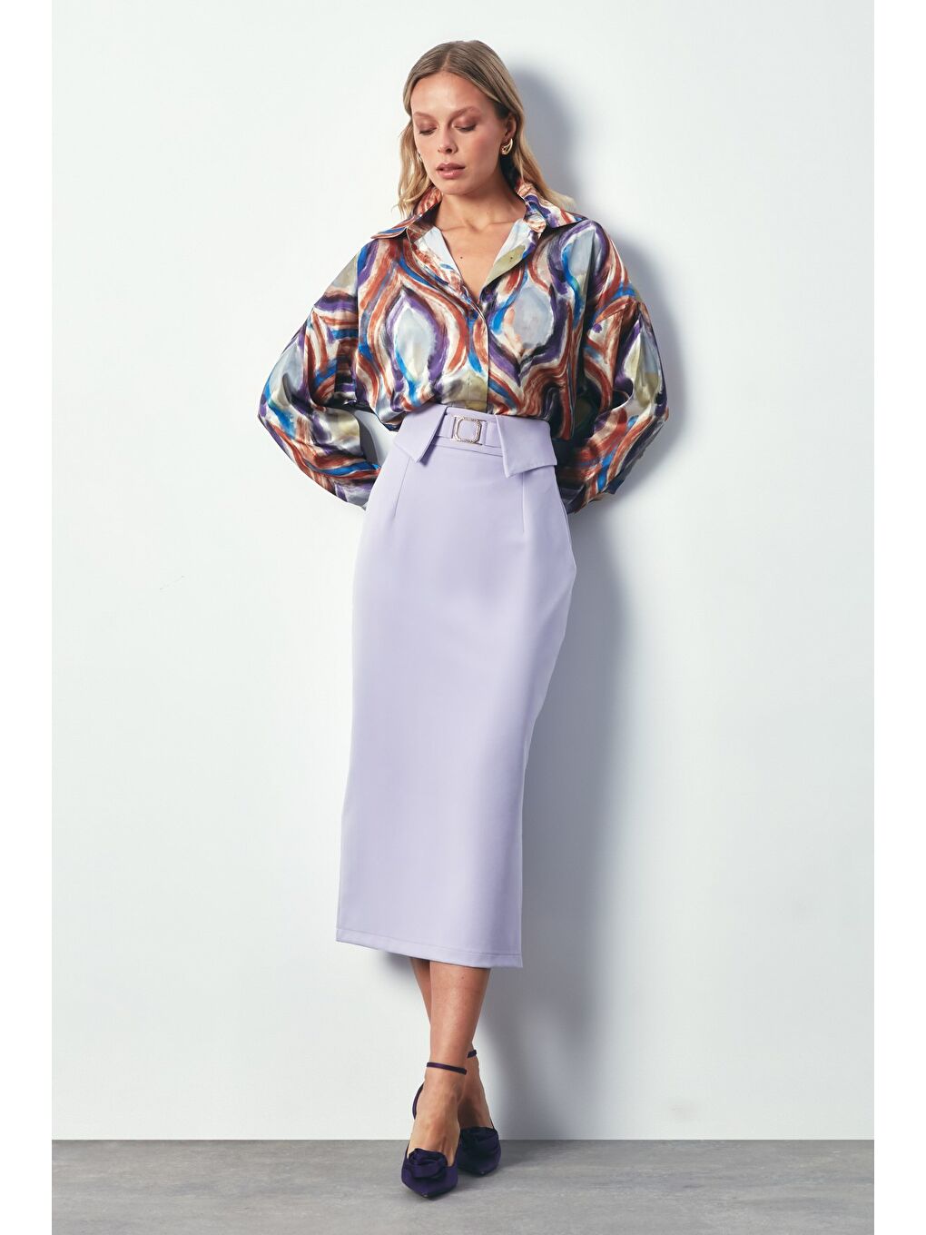 Kahverengi Renk Desenli Saten Gömlek - Kahve-1