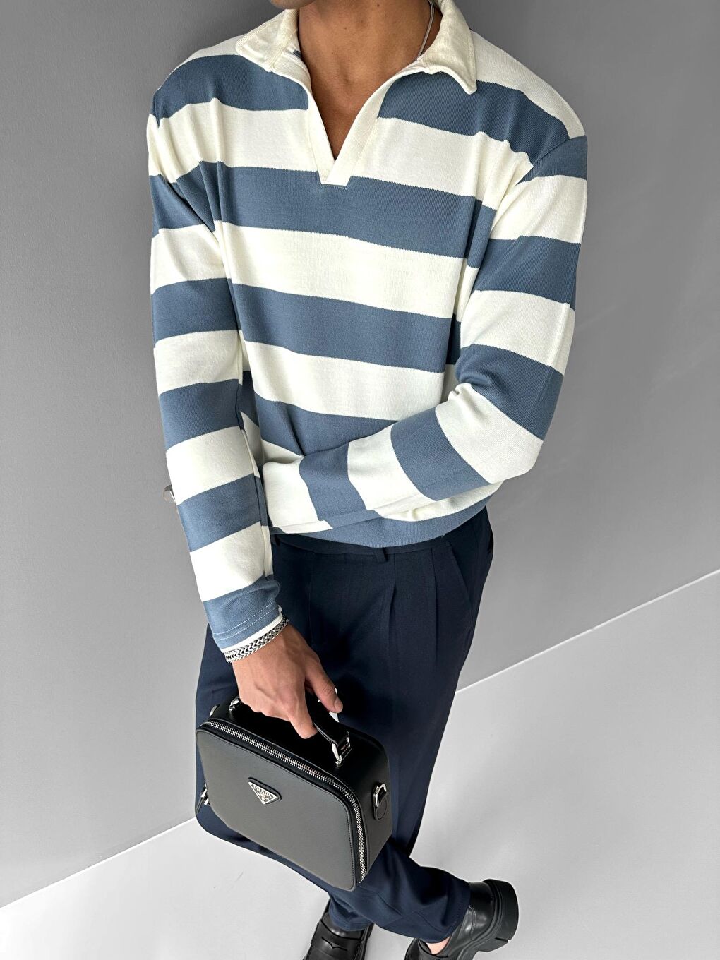 Erkek Regular Fit Polo Yaka Triko Kazak Mavi