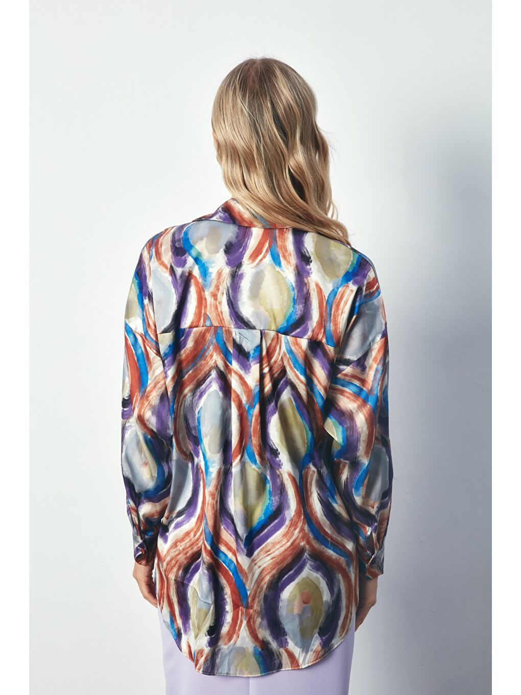 Kahverengi Renk Desenli Saten Gömlek - Kahve-4