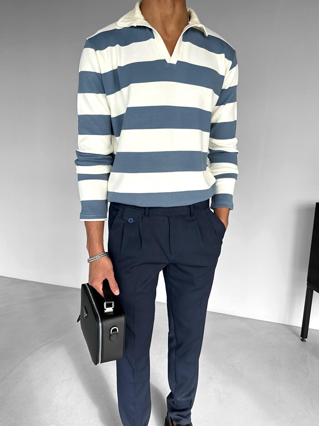 Erkek Regular Fit Polo Yaka Triko Kazak Mavi-1