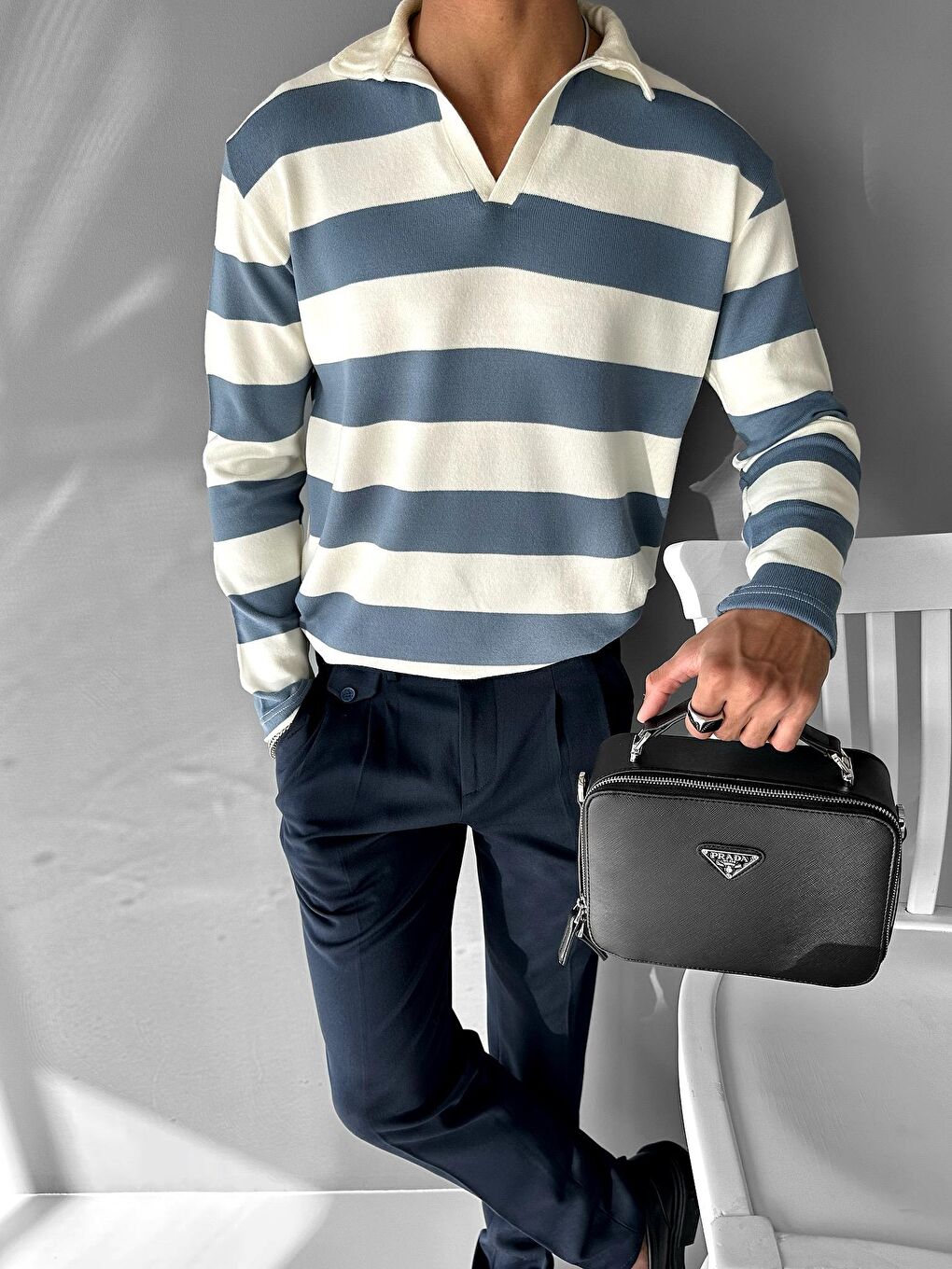 Erkek Regular Fit Polo Yaka Triko Kazak Mavi-2