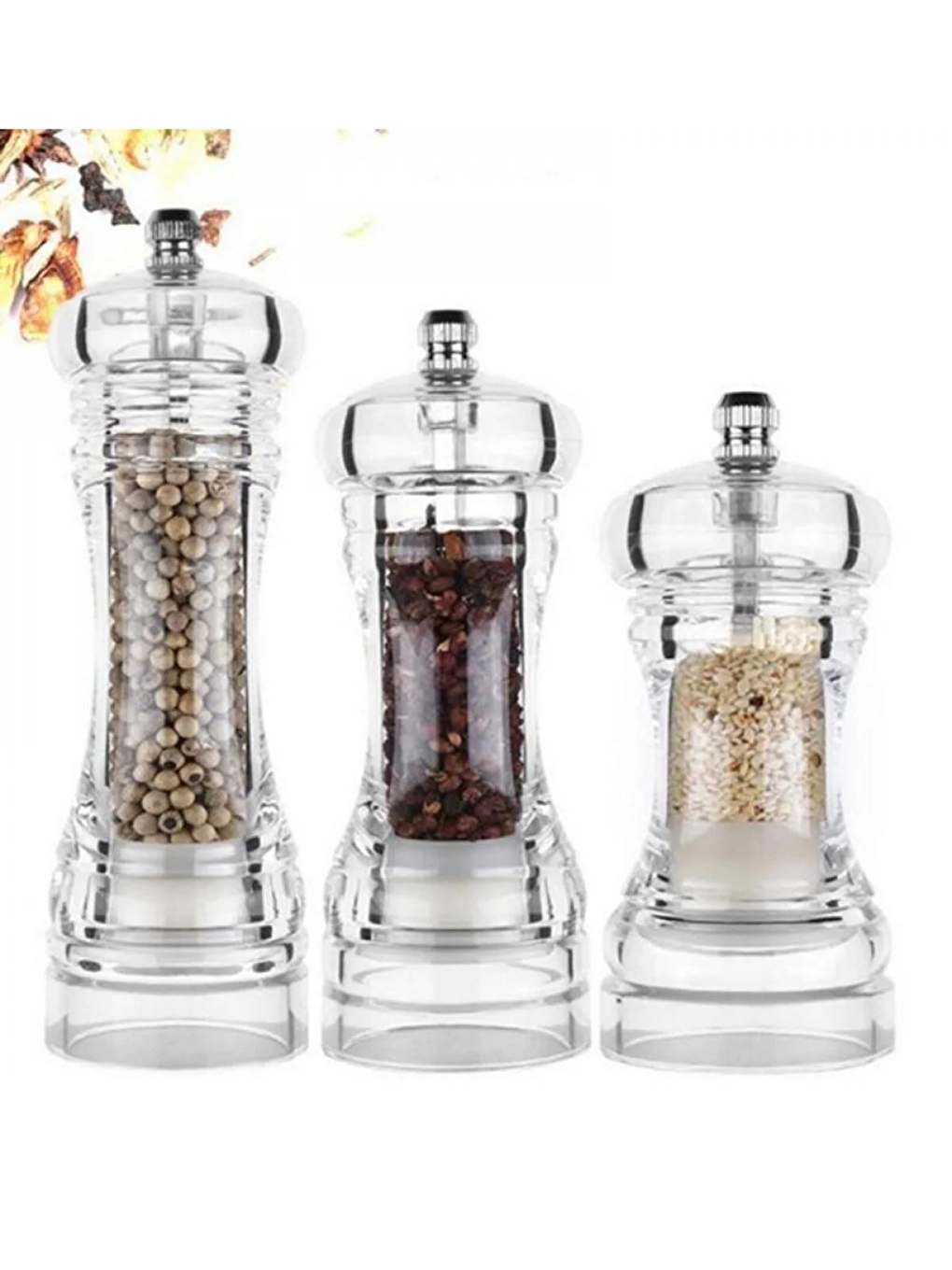 Renksiz Akrilik Baharat Öğütücüsü, 14 Cm 2 Adet, Tuz Karabiber Değirmeni Öğütücü-2