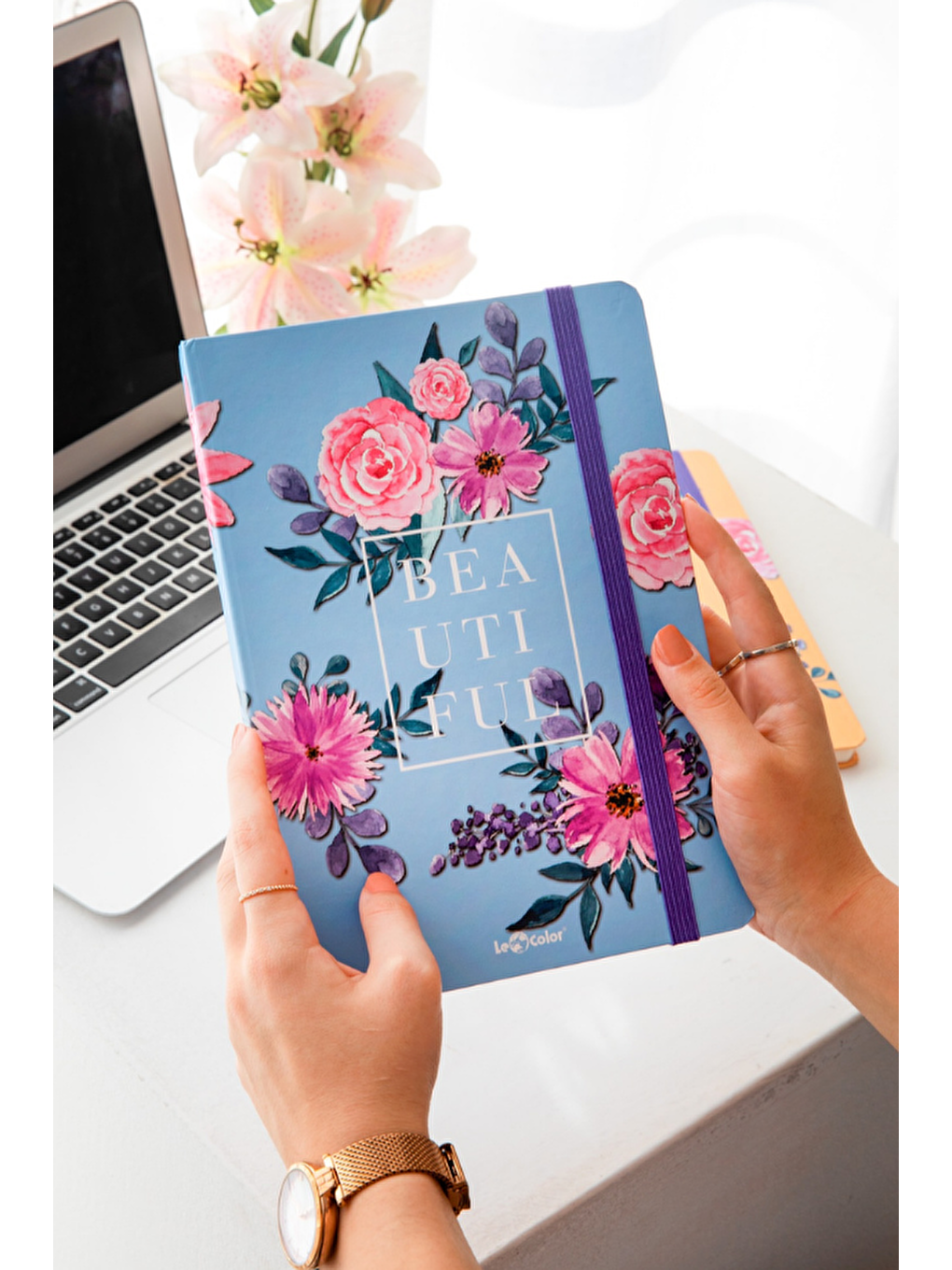 Çiçekli Defter Kareli Mavi 17x24 cm