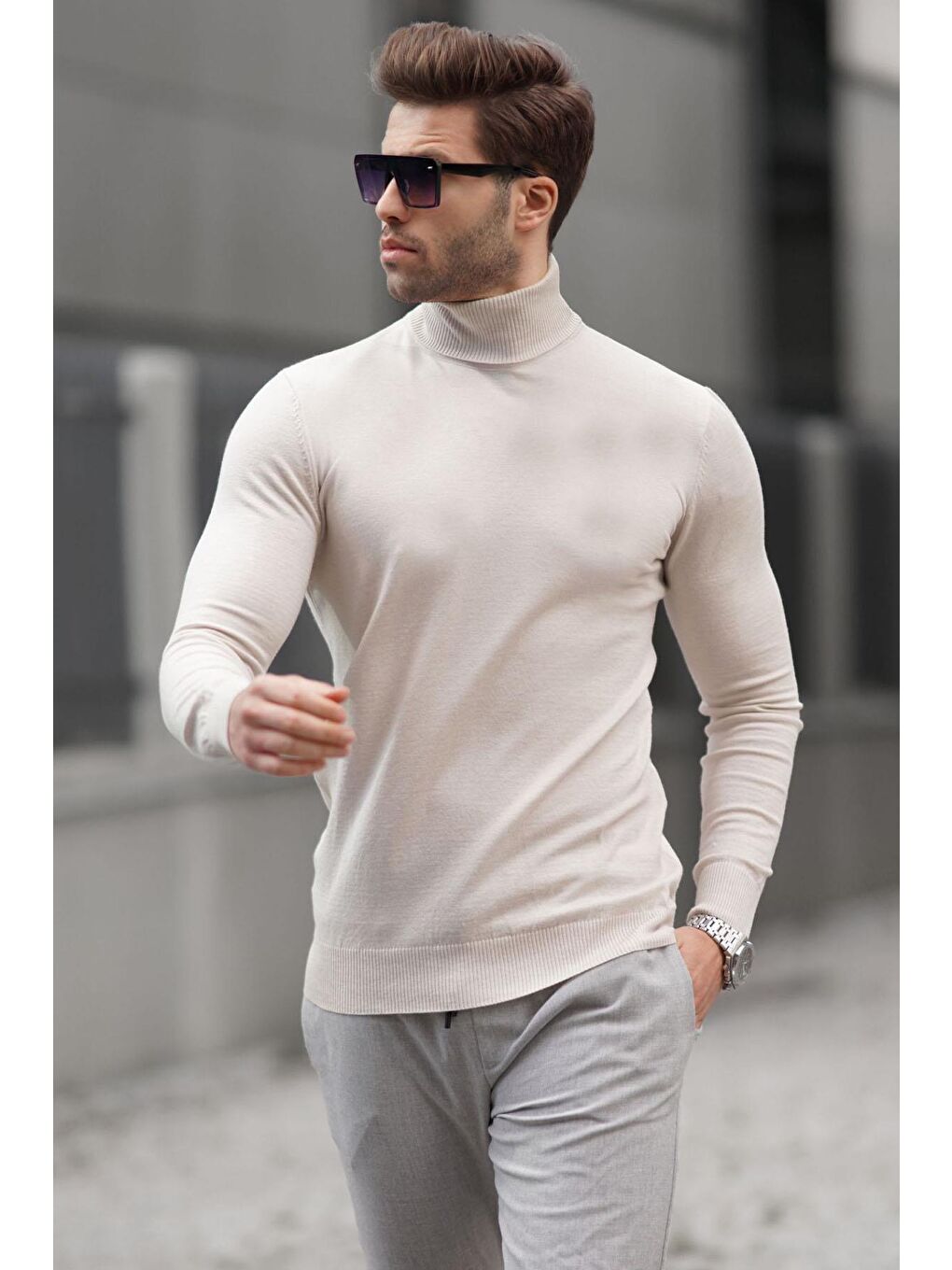 Bej Taş Rengi Balıkçı Yaka Erkek Triko Kazak 6809