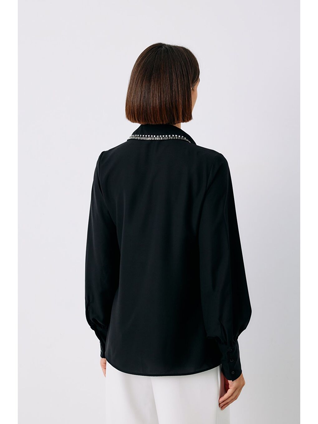 Yaka İşlemeli Gömlek - Siyah-7