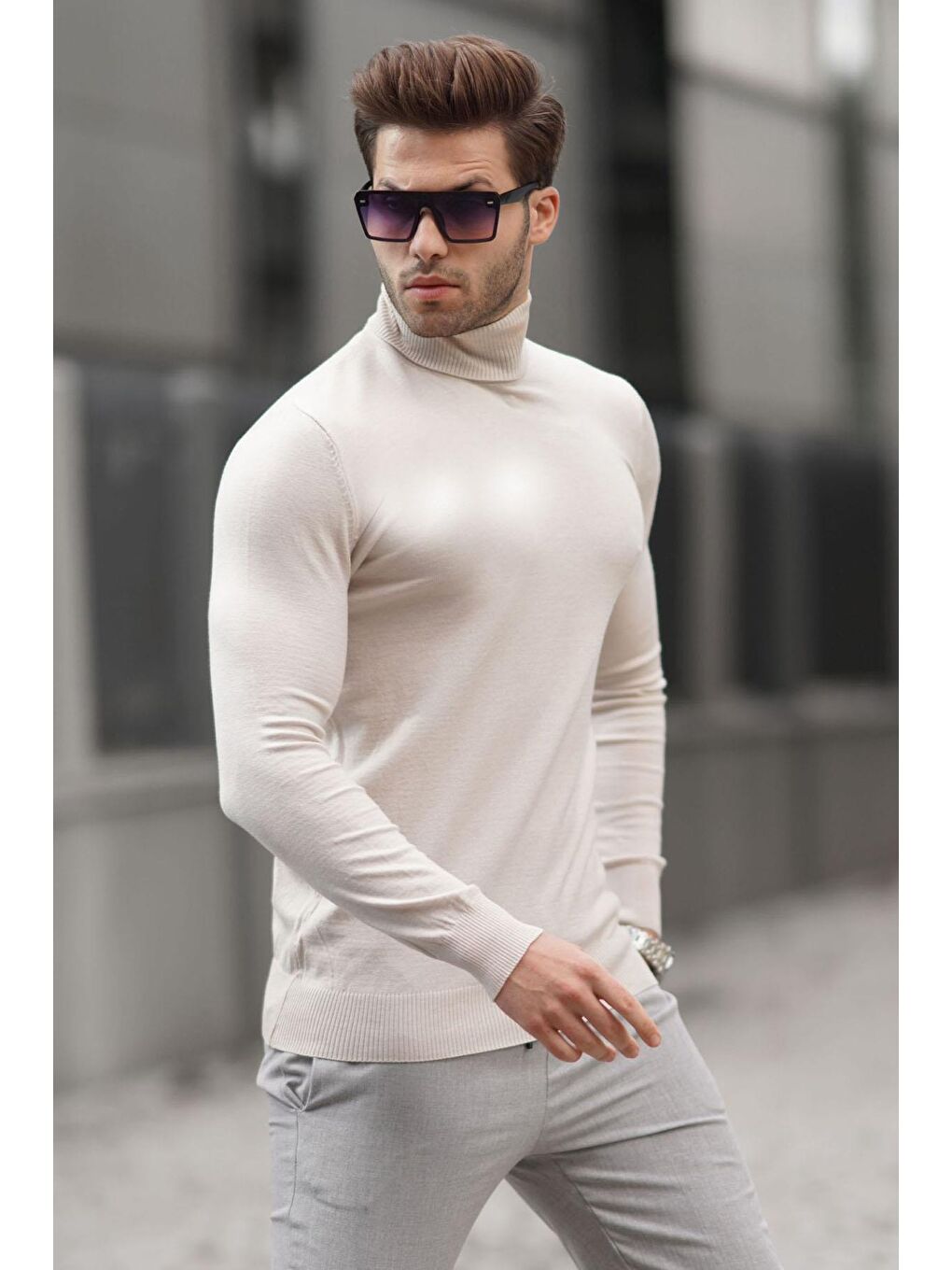 Bej Taş Rengi Balıkçı Yaka Erkek Triko Kazak 6809-1