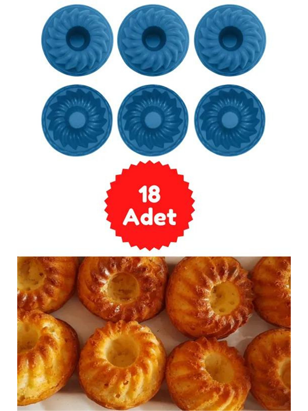 Mavi 18'li Silikon Mini Kek Kalıbı - Muffin Kalıbı 18 Adet Göbekli Kek Kalıbı