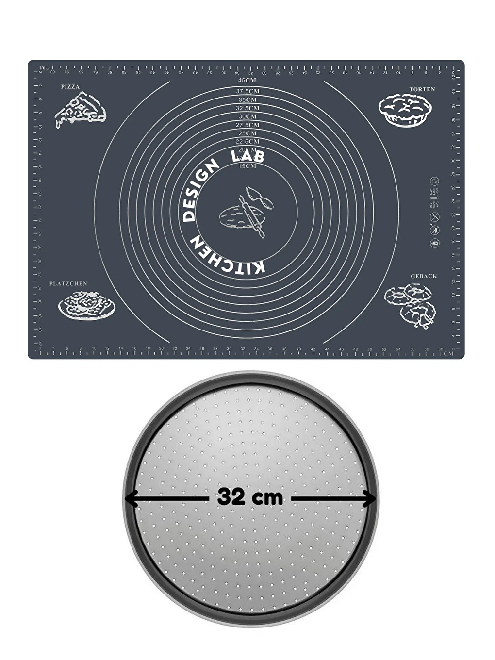 2'li Set Gri 45x65 Cm Silikon Hamur Açma Matı Ve Pizza Tepsisi 32 Cm