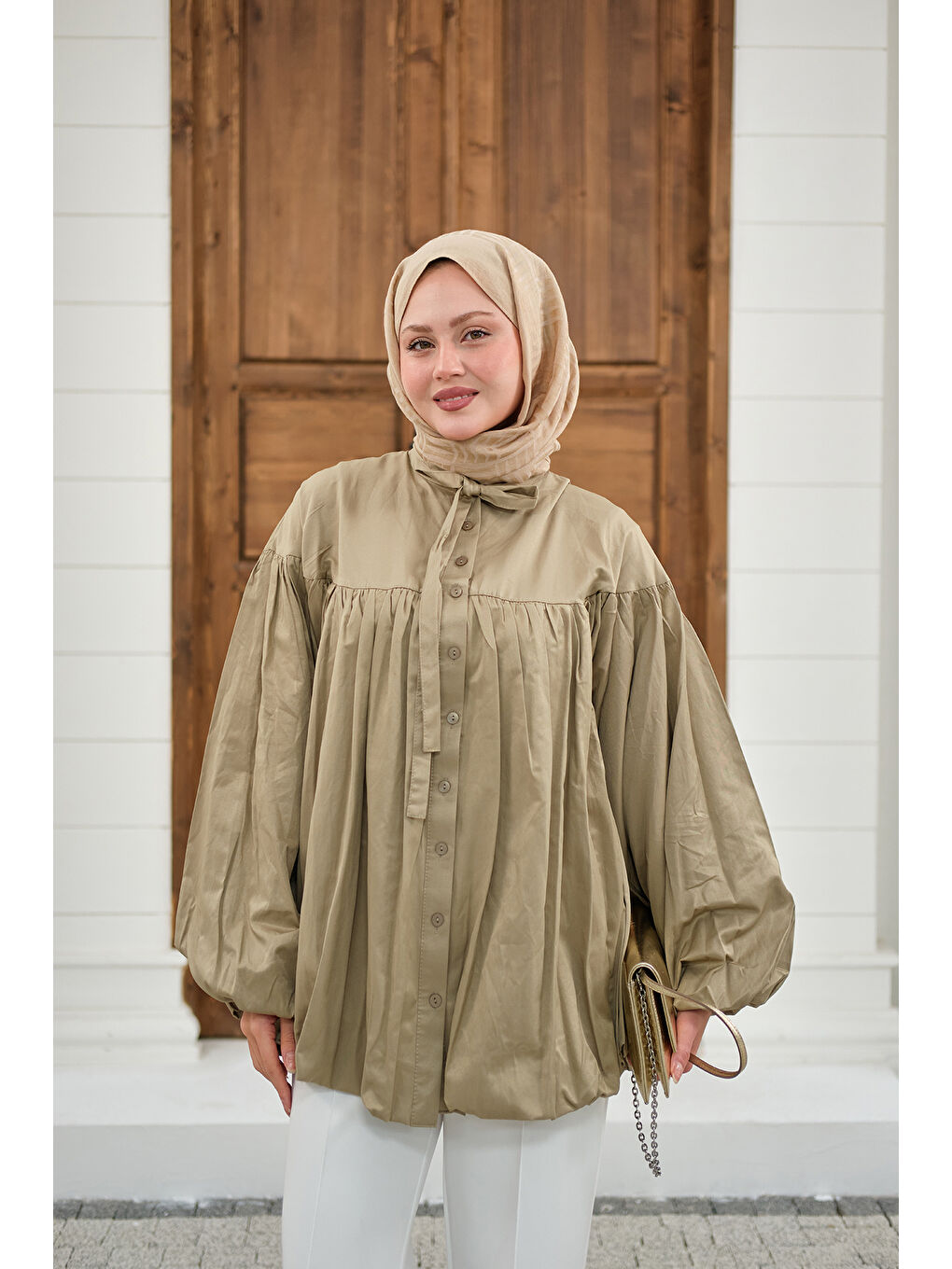 Kadın Etek Ucu Büzgülü Gömlek Küf Yeşil