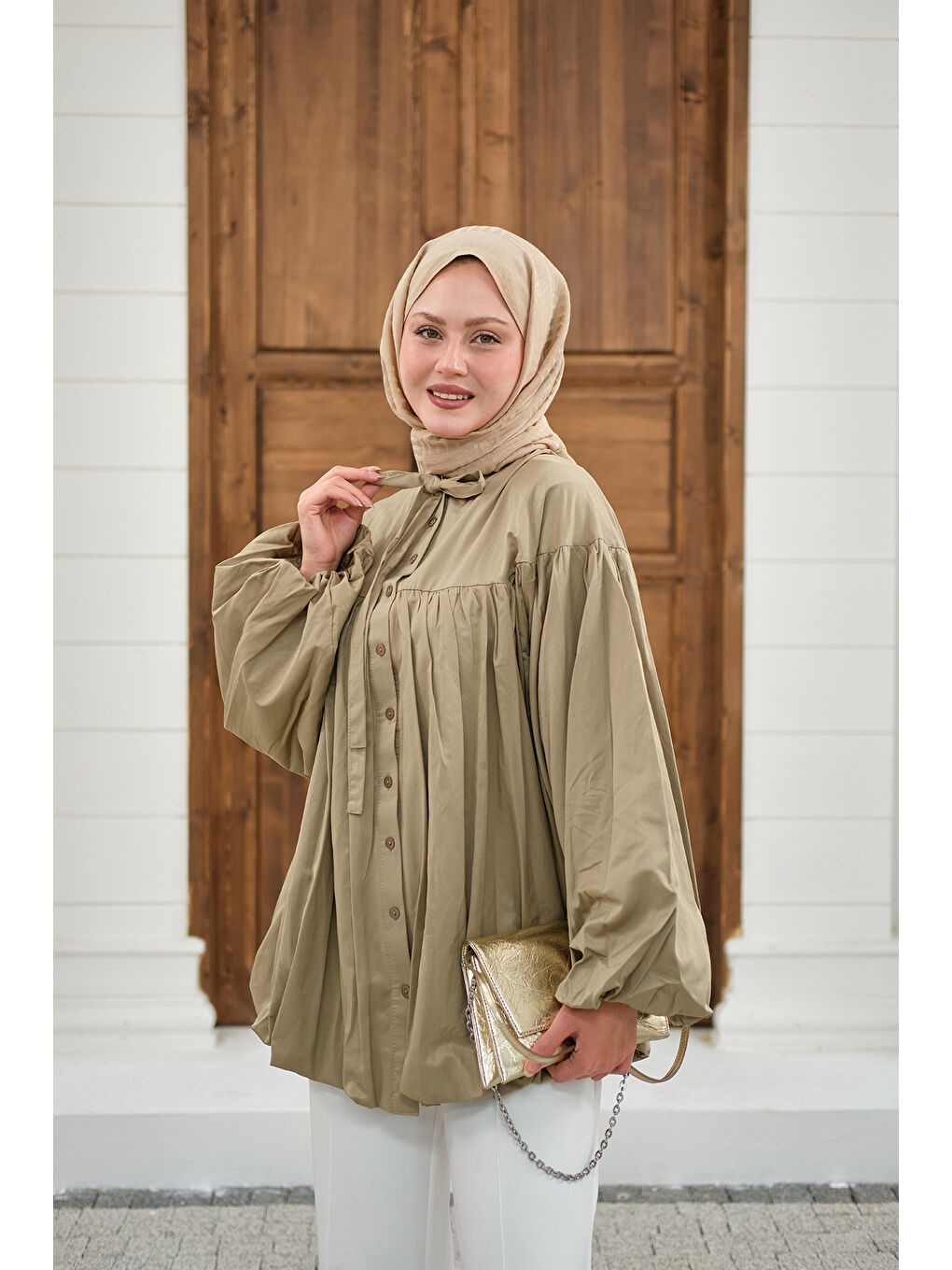 Kadın Etek Ucu Büzgülü Gömlek Küf Yeşil-1