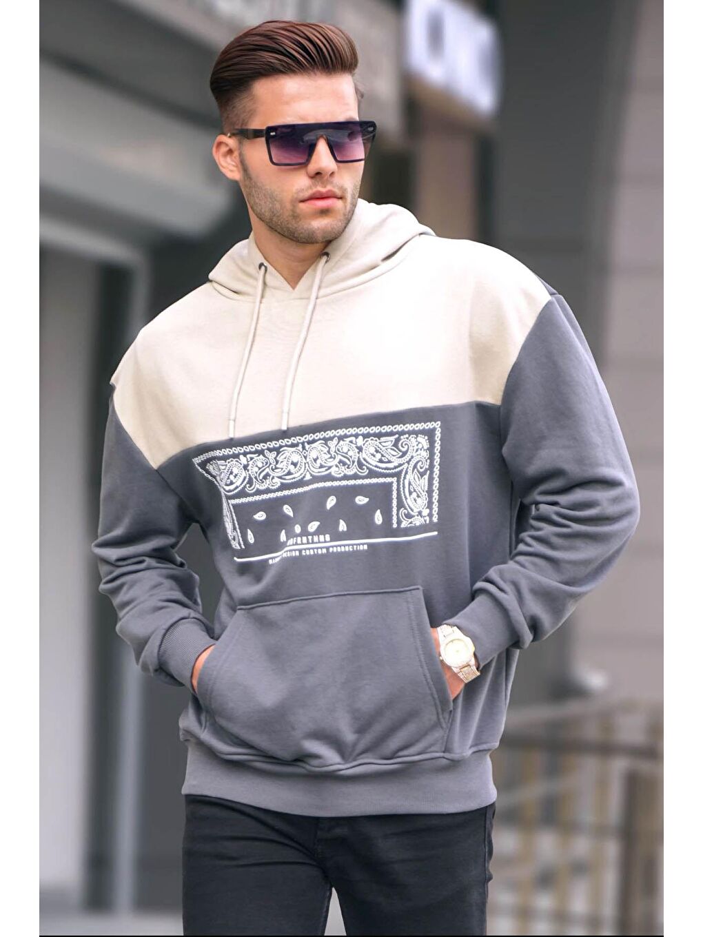 Madmext Füme Kapüşonlu Desenli Sweatshirt 6022