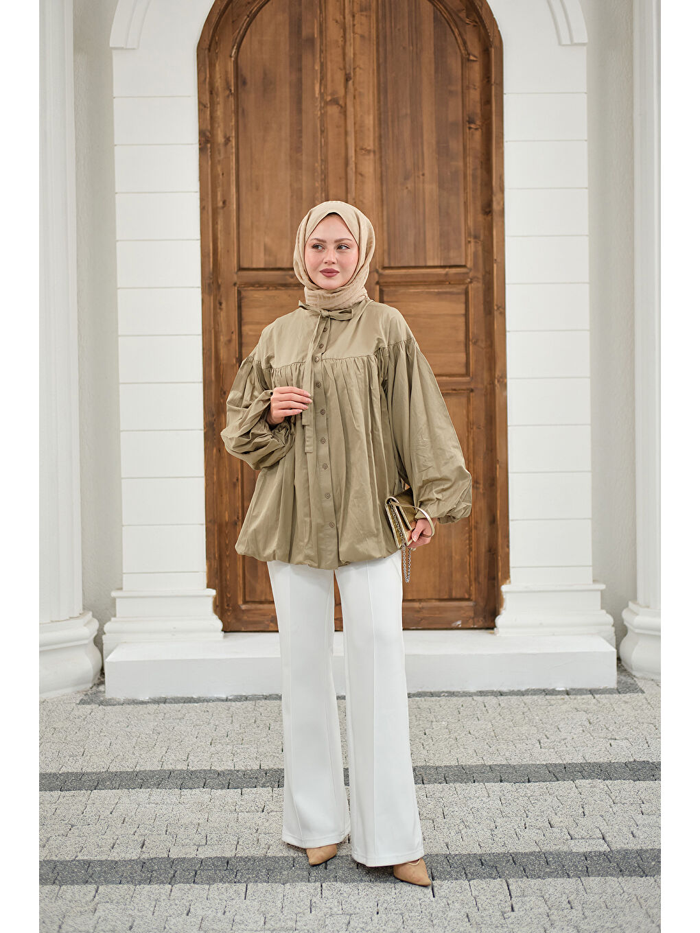 Kadın Etek Ucu Büzgülü Gömlek Küf Yeşil-2