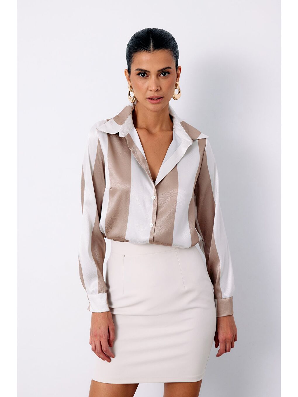 Çizgili Düz Gömlek - Bej-1