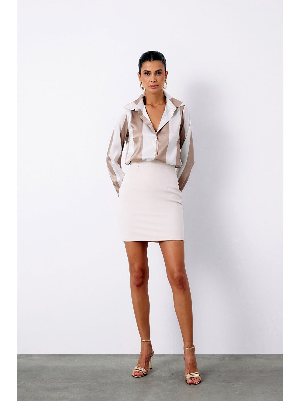 Çizgili Düz Gömlek - Bej-2