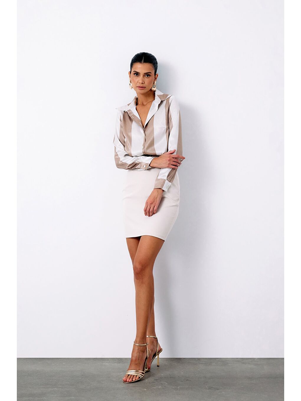 Çizgili Düz Gömlek - Bej-3