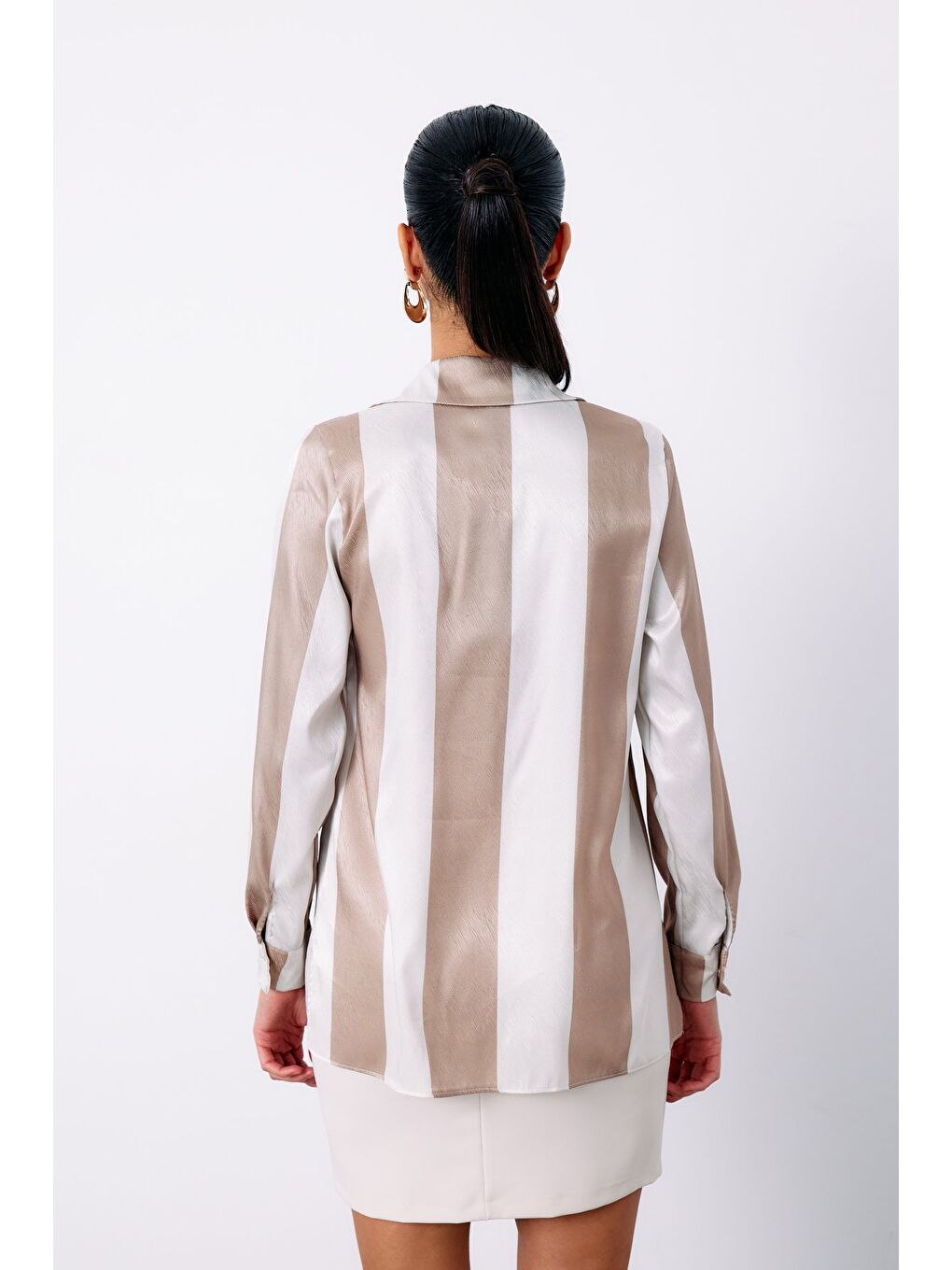 Çizgili Düz Gömlek - Bej-4