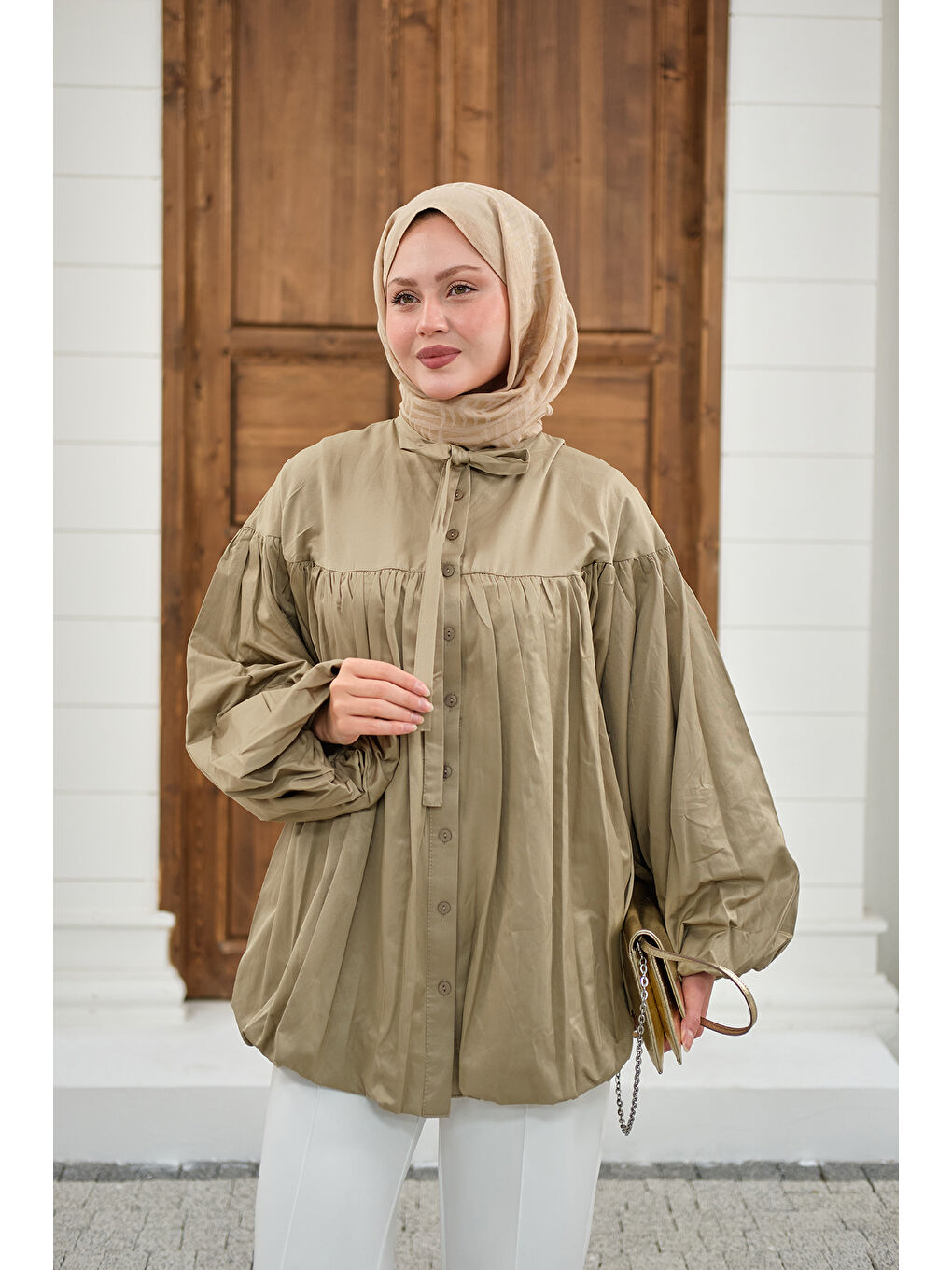 Kadın Etek Ucu Büzgülü Gömlek Küf Yeşil-3