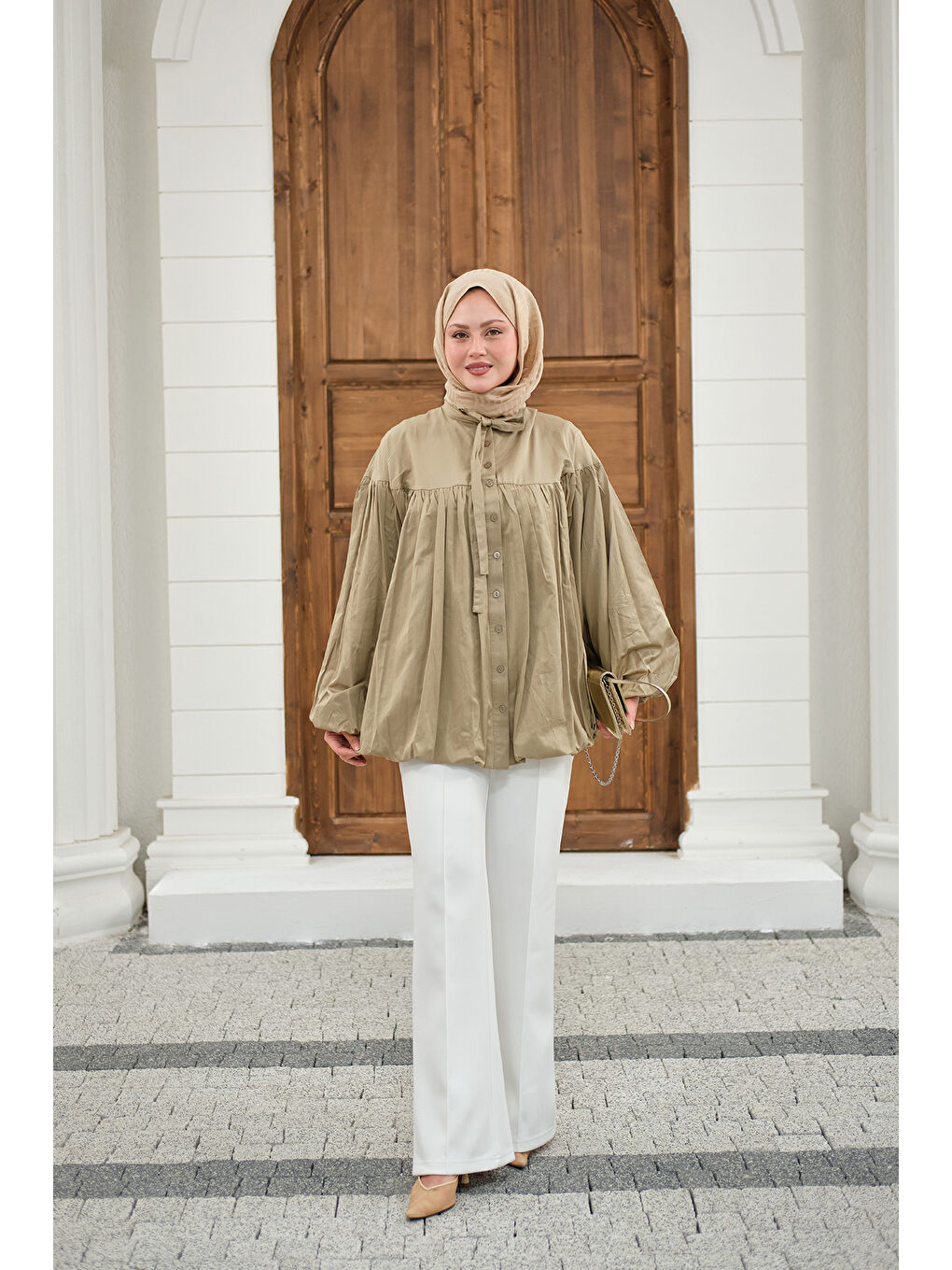 Kadın Etek Ucu Büzgülü Gömlek Küf Yeşil-4