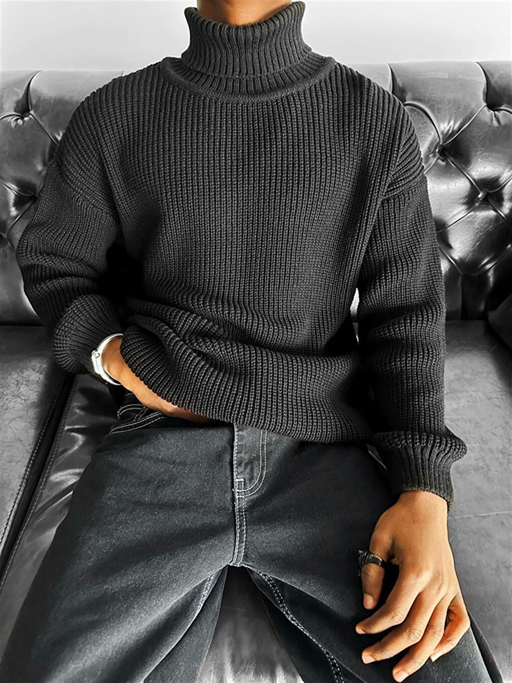 Erkek Oversize Balıkçı Yaka Kazak Siyah