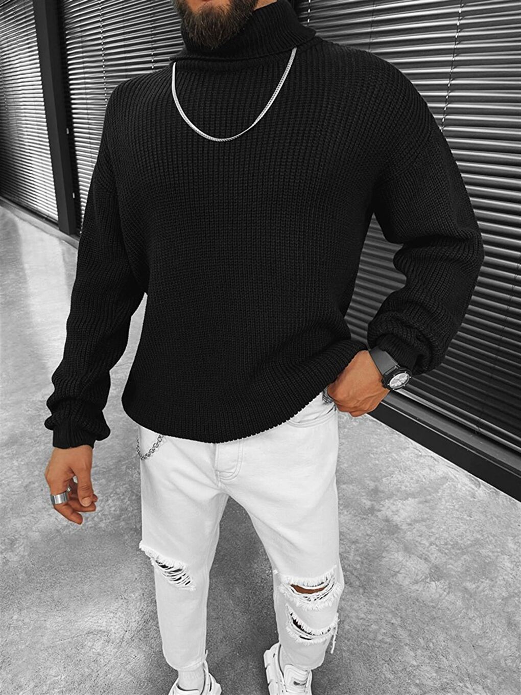 Erkek Oversize Balıkçı Yaka Kazak Siyah-1