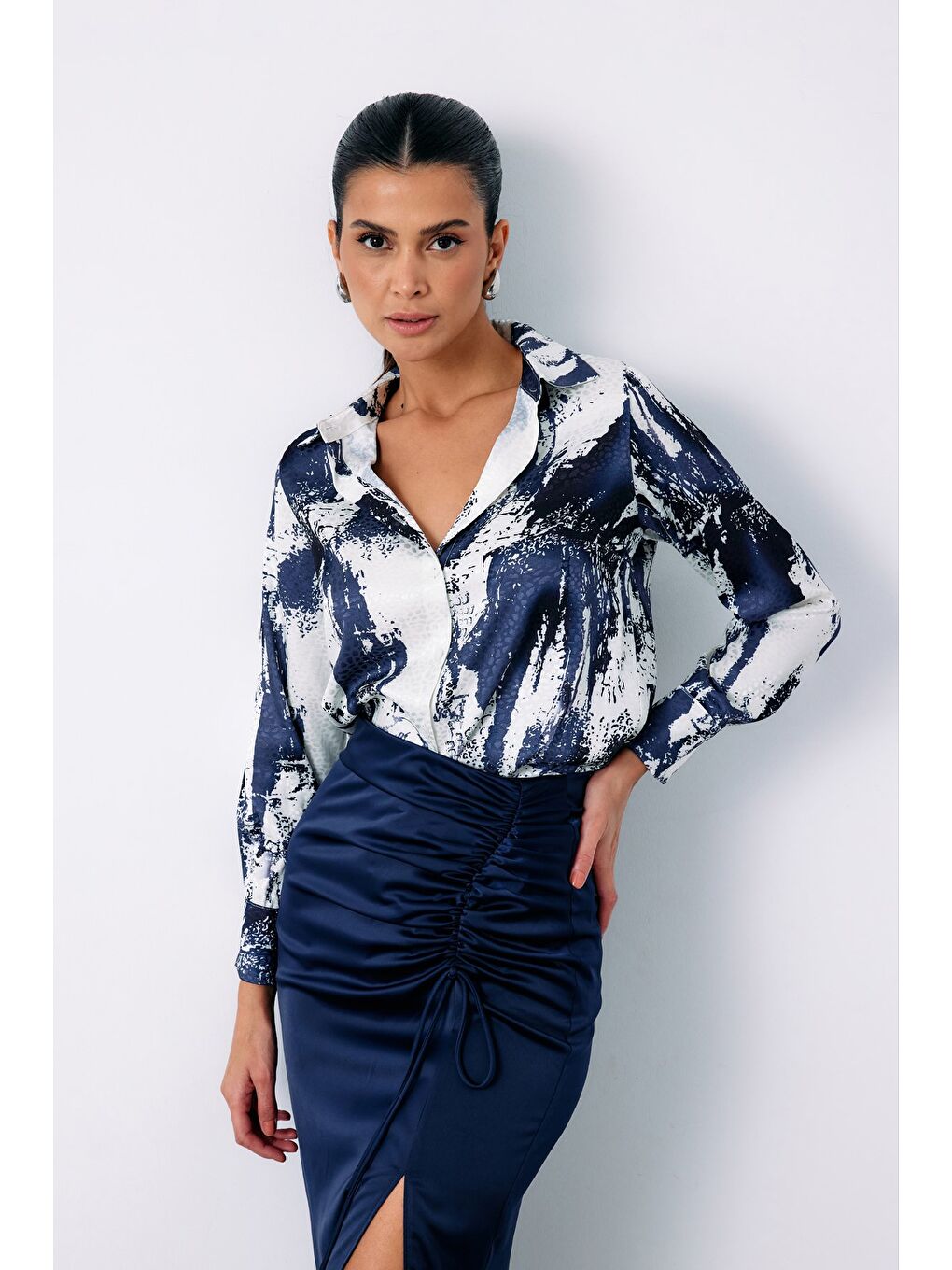 SATEEN Desenli Salaş Gömlek - Lacivert - 1