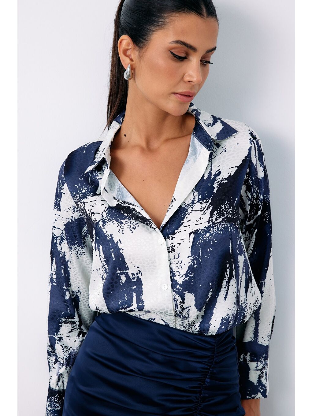 SATEEN Desenli Salaş Gömlek - Lacivert - 2