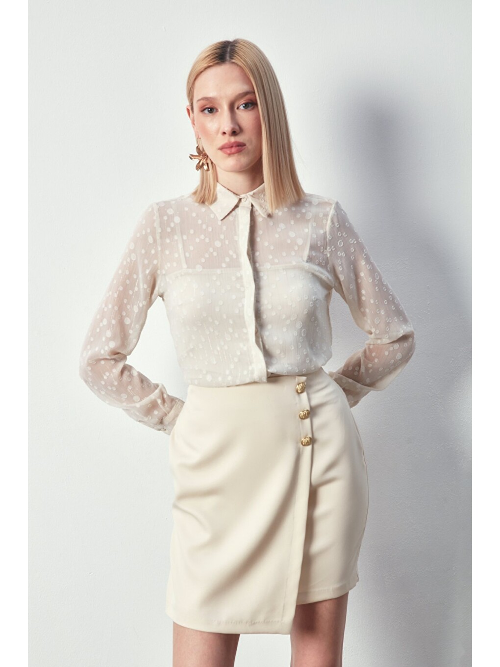 Bej Desenli Klasik Gömlek - Taş