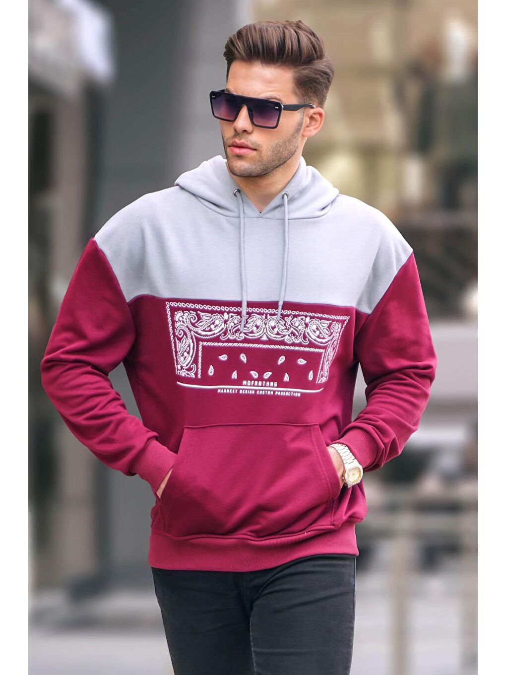 Madmext Bordo Kapüşonlu Desenli Sweatshirt 6022