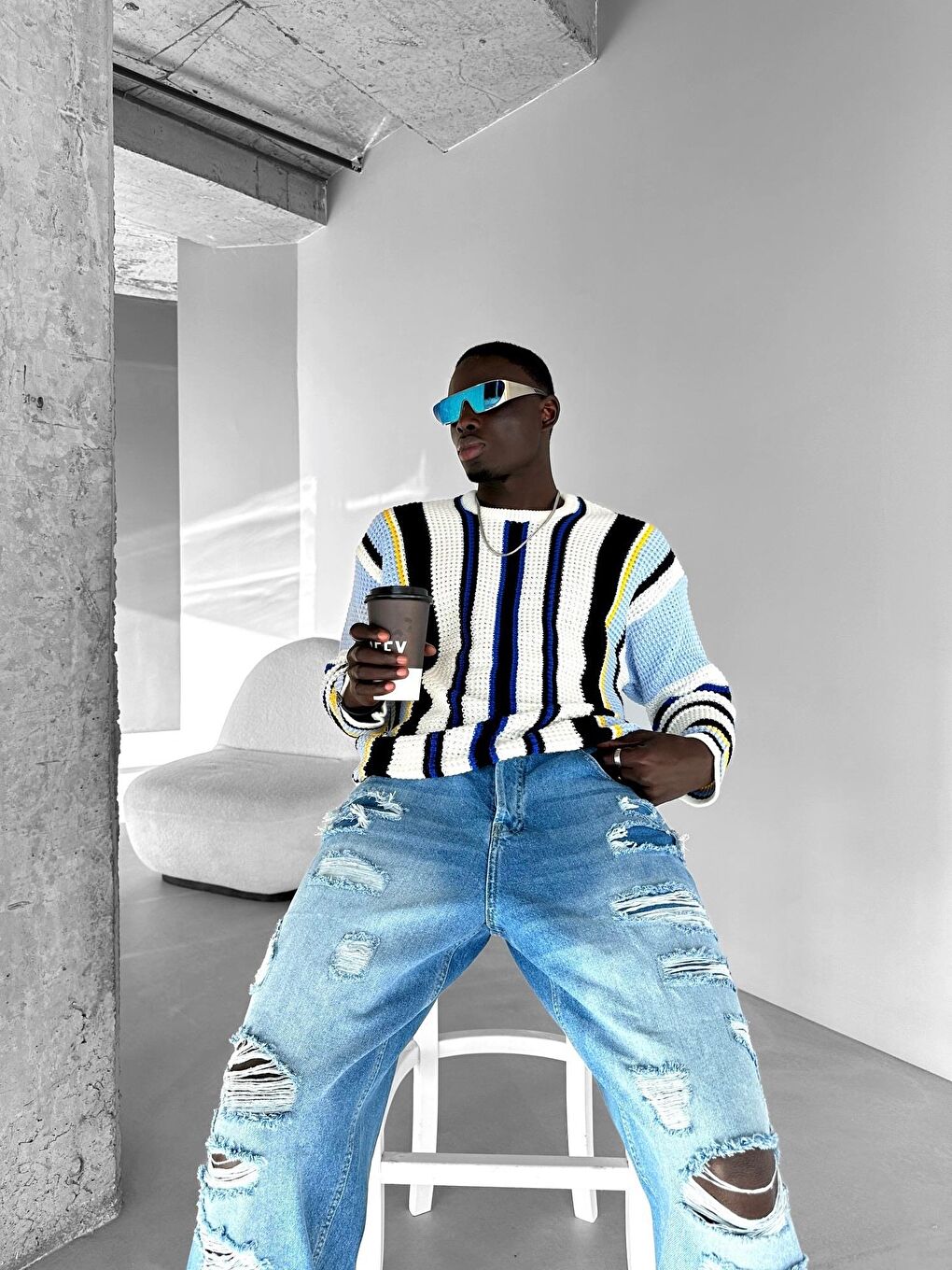 Erkek Oversize Çizgili Kazak Lacivert-1