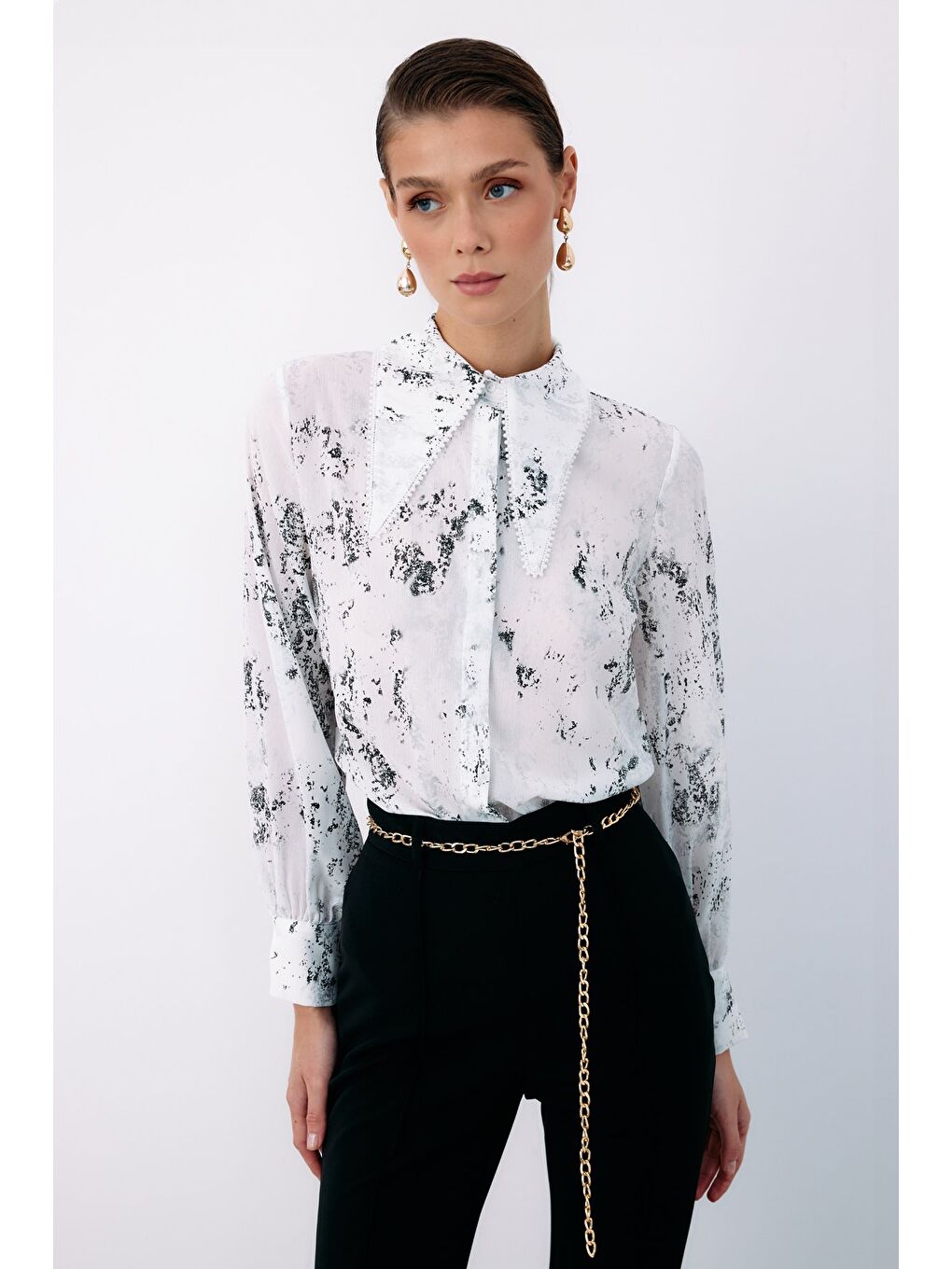 Geniş İnci Yakalı Gömlek - Ekru-Gümüş