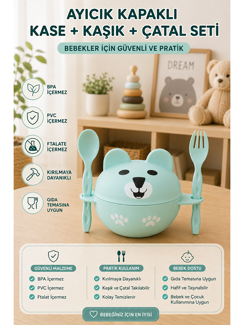 Sevimli Ayıcık Kapaklı Kase Çatal Kaşık Seti-3