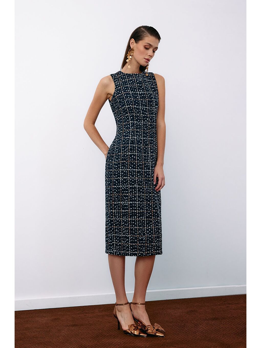 Kolsuz Tüvit Kalem Elbise - Lacivert-4