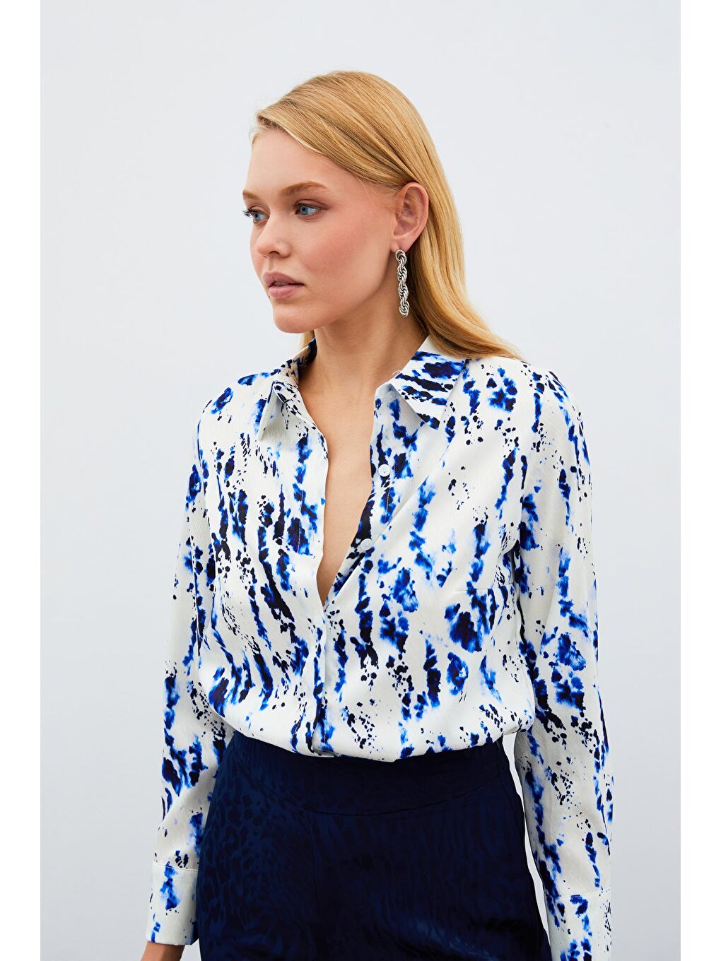 Kırçıllı Uzun Gömlek - Sax Mavi-1