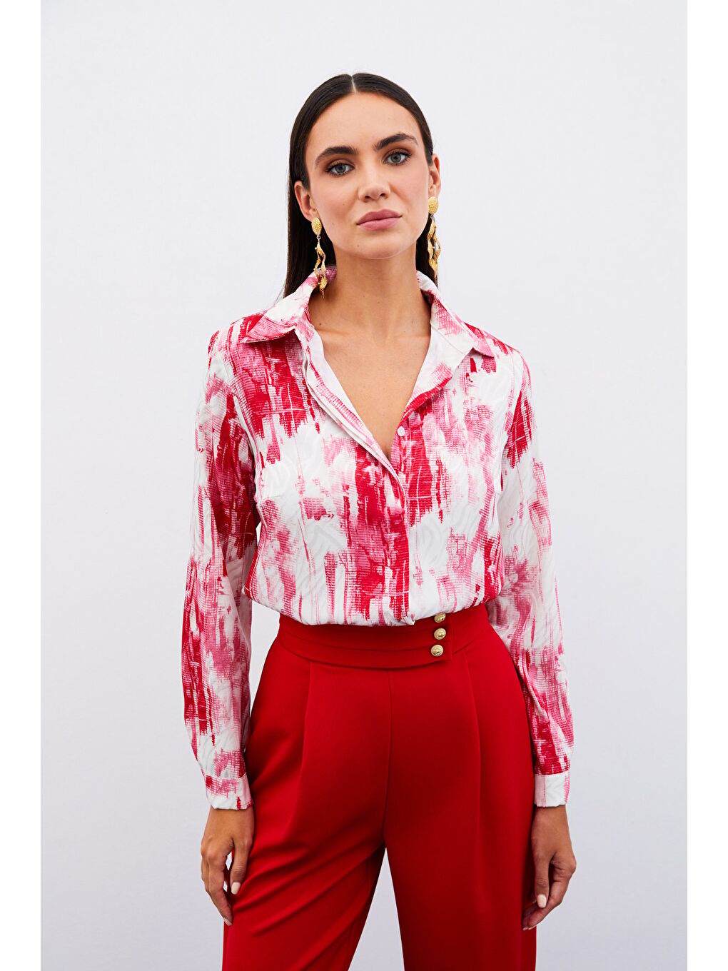 Desenli Düz Gömlek - Fuşya-1