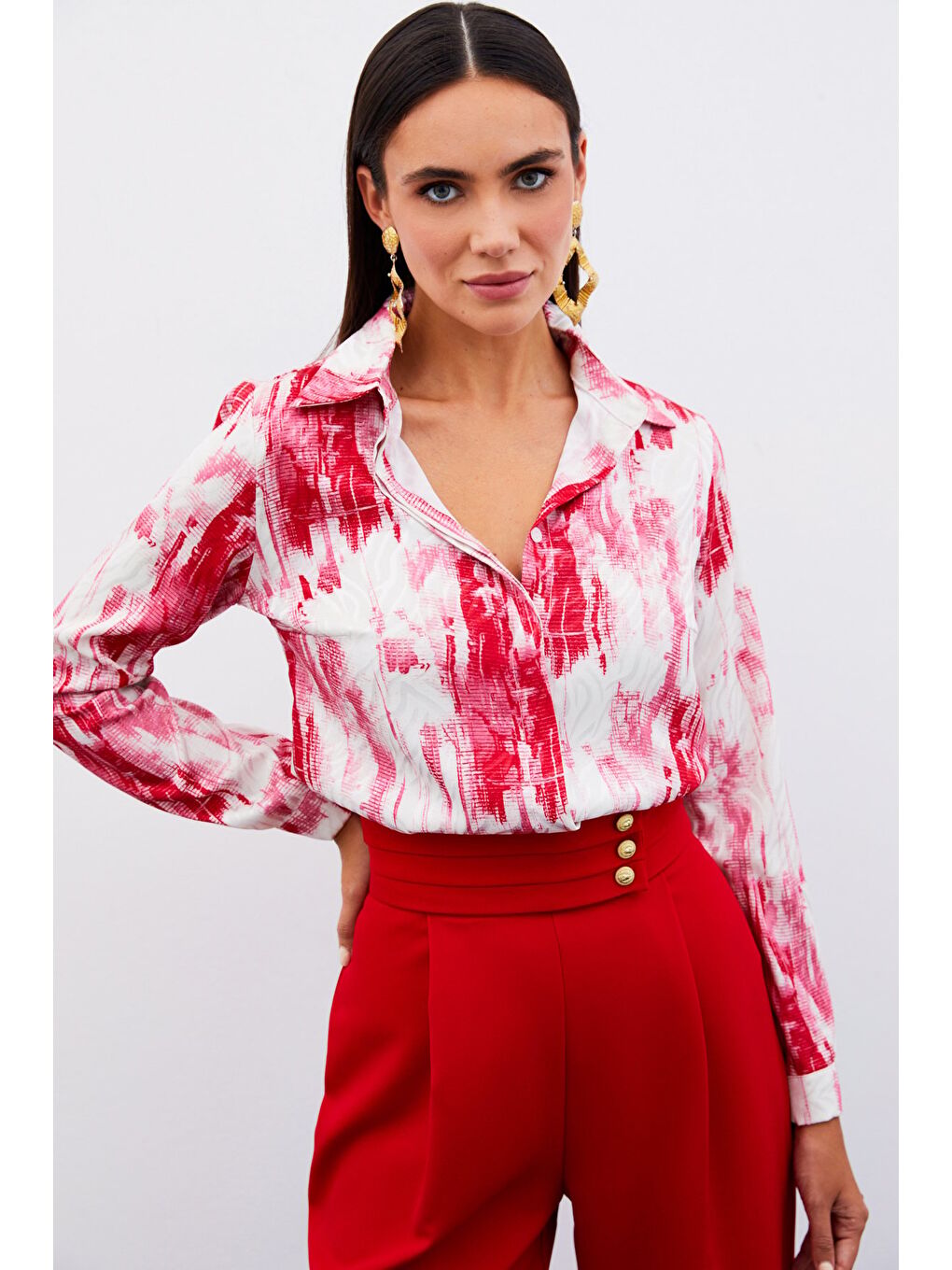 Desenli Düz Gömlek - Fuşya-2