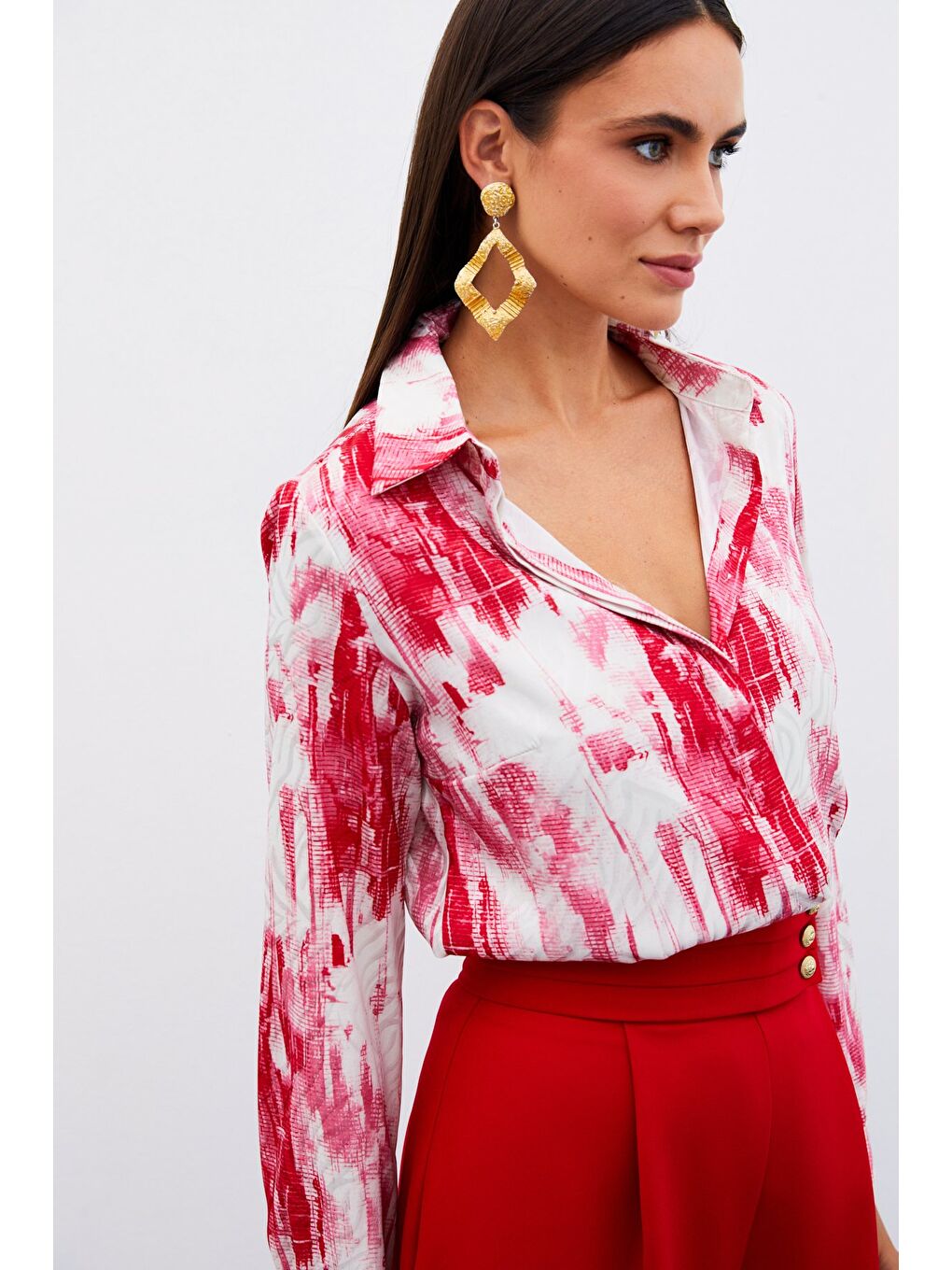 Desenli Düz Gömlek - Fuşya-3