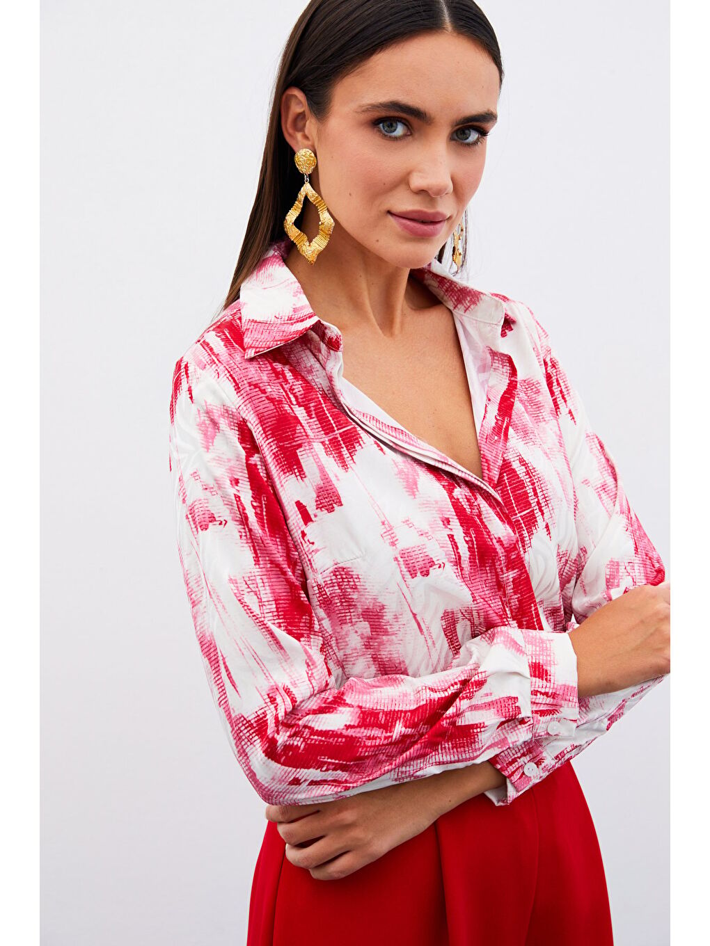 Desenli Düz Gömlek - Fuşya-4