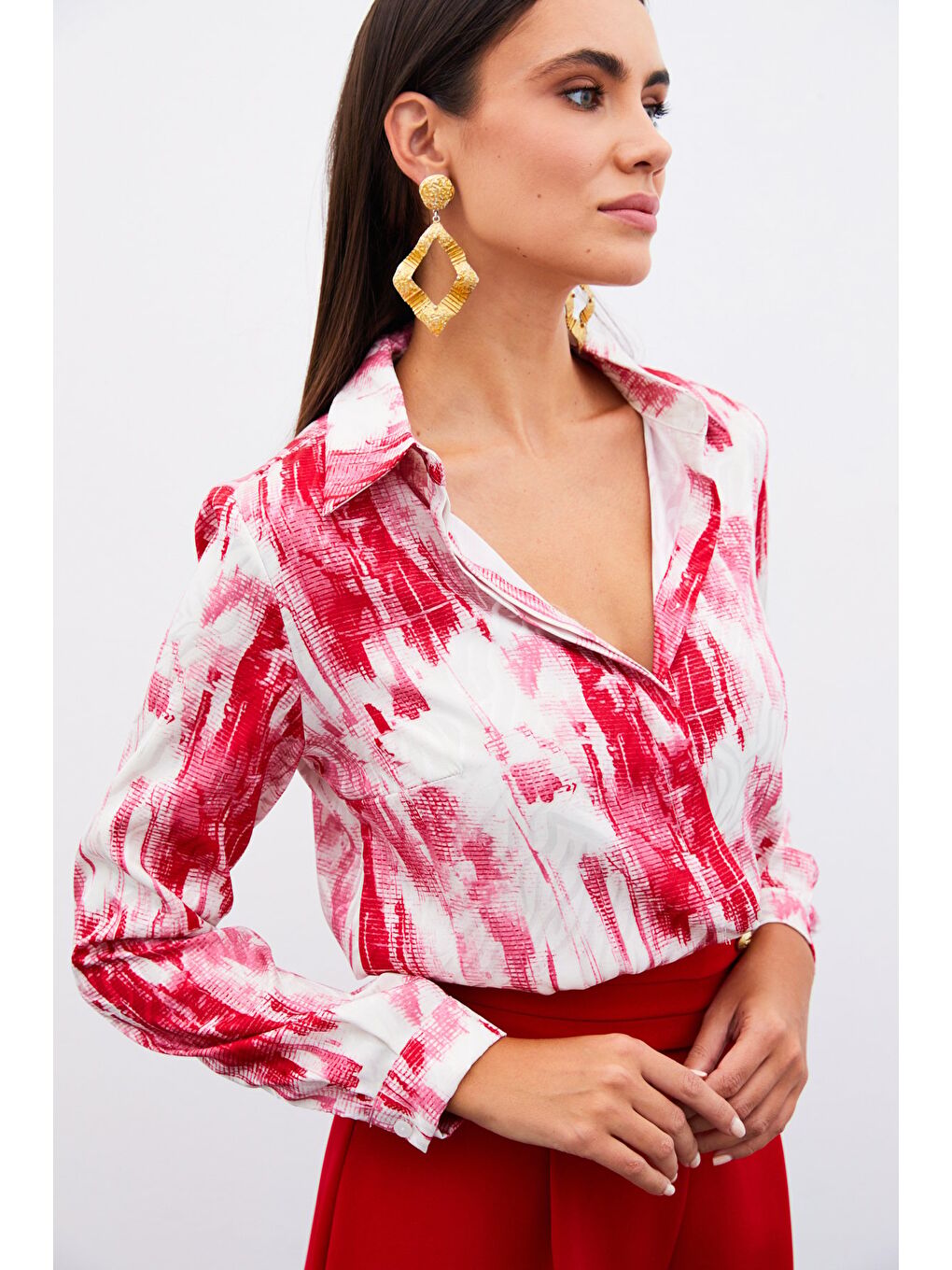 Desenli Düz Gömlek - Fuşya-5