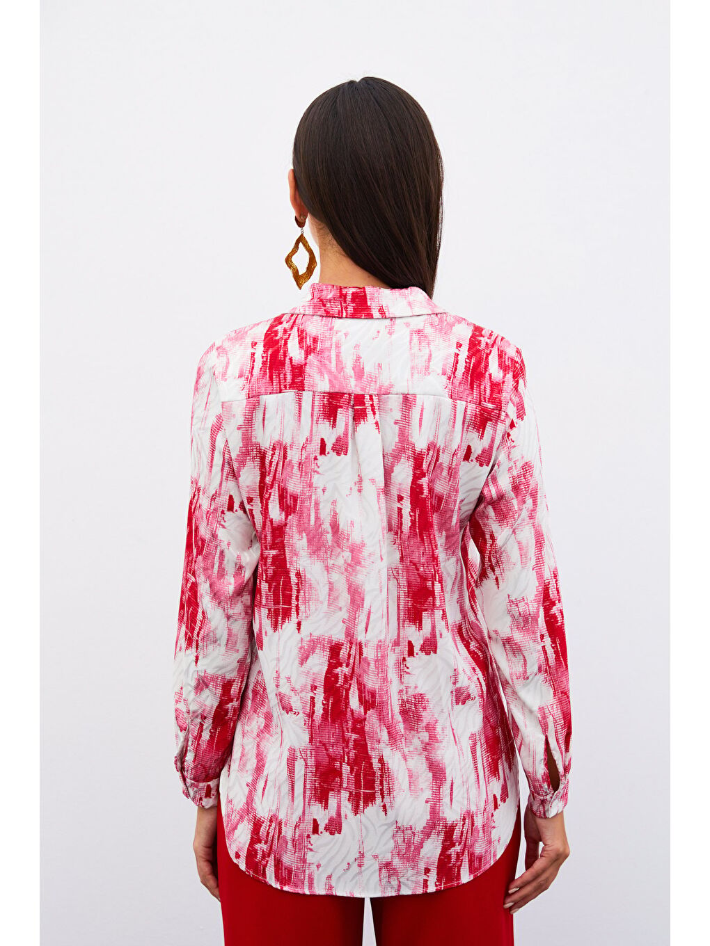 Desenli Düz Gömlek - Fuşya-7