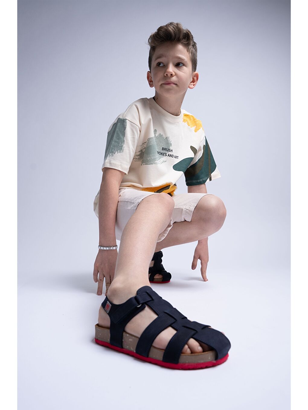 Unisex Çocuk Lacivert Hakiki Deri Mantar Tabanlı Günlük Çocuk Sandalet