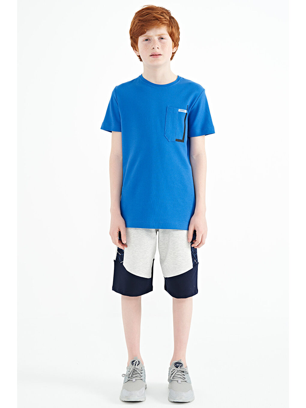 Mavi Saks Cep Detaylı O Yaka Standart Kalıp Erkek Çocuk Tişört - 11120-1