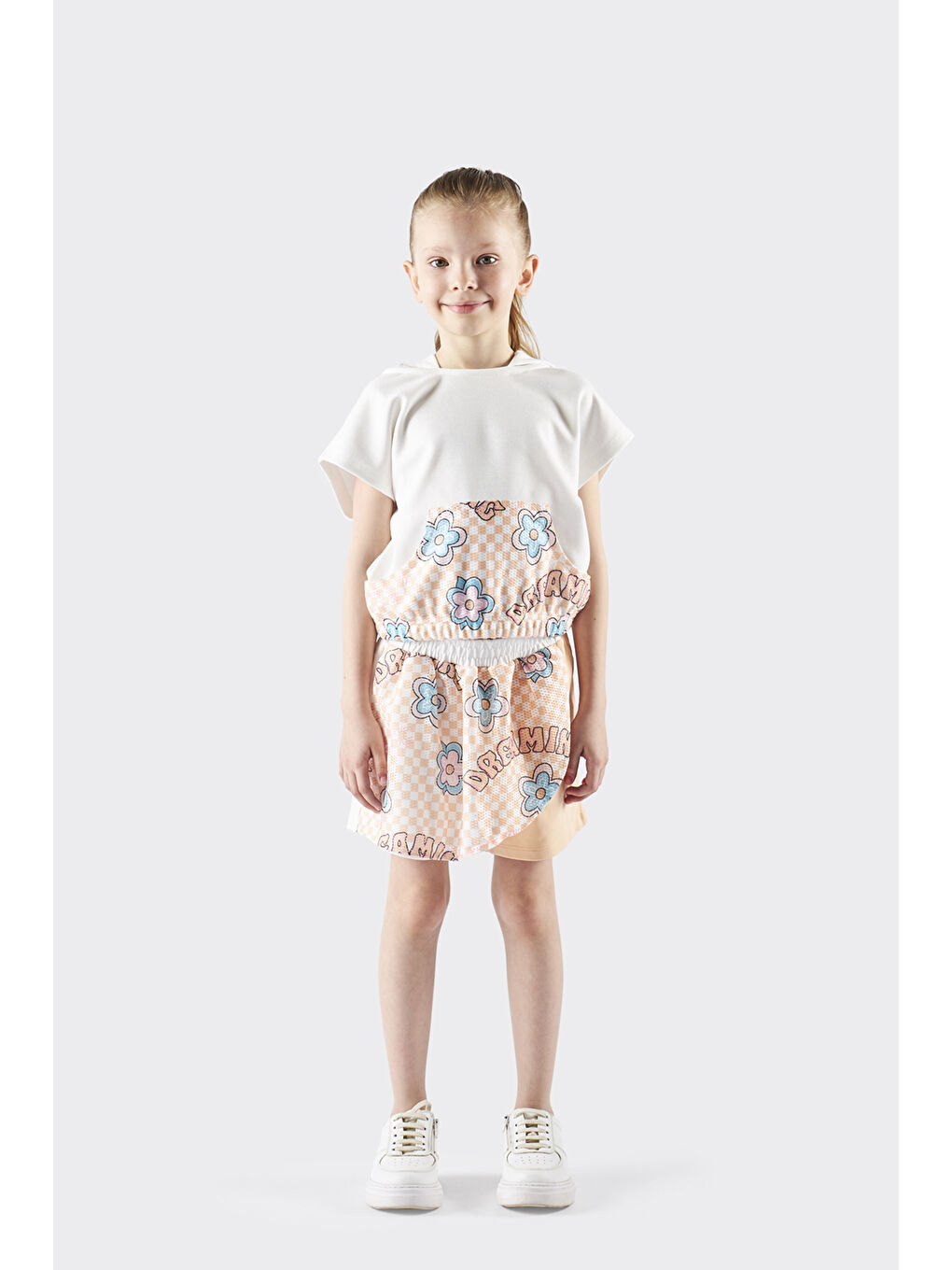 Kız Çocuk Desenli Kanguru Cepli Kapüşonlu Ekru Sweatshirt