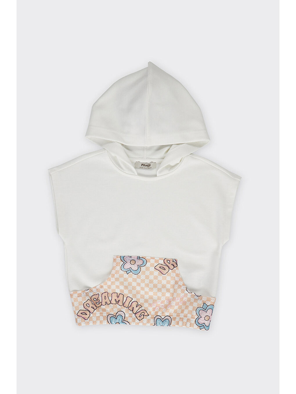 Kız Çocuk Desenli Kanguru Cepli Kapüşonlu Ekru Sweatshirt-1