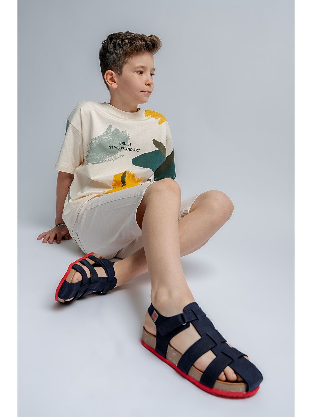 Unisex Çocuk Lacivert Hakiki Deri Mantar Tabanlı Günlük Çocuk Sandalet-1