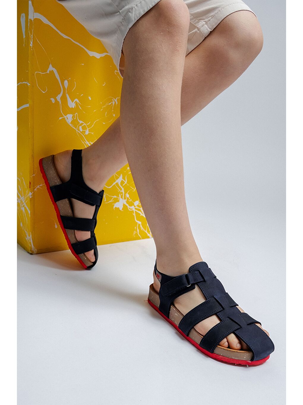 Unisex Çocuk Lacivert Hakiki Deri Mantar Tabanlı Günlük Çocuk Sandalet-3